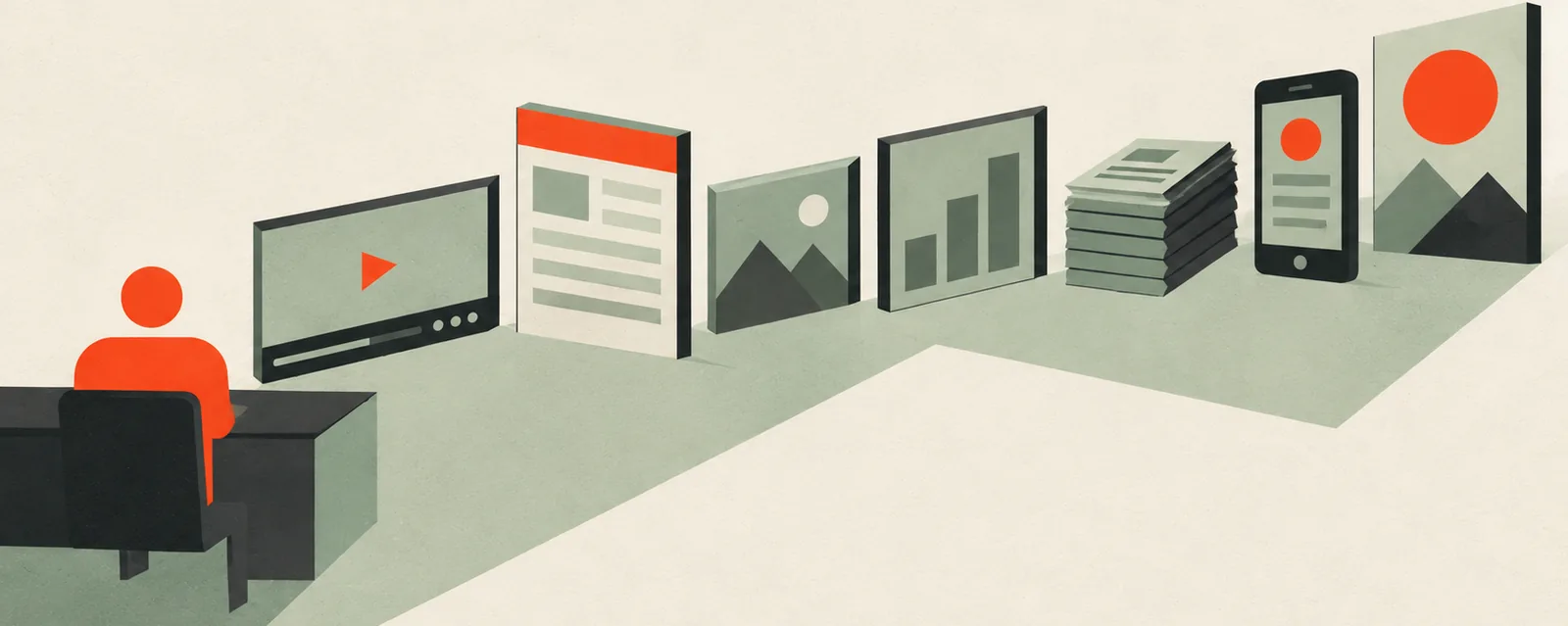 One person at a desk beside a row of finished work — a video, a web page, a photograph, a dashboard, a stack of documents, a phone and a poster, all drawn in the same style