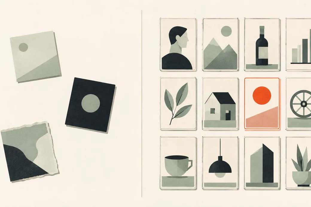 Left: three cards in three different styles, scattered. Right: a neat grid of twelve cards, each a different subject, all in one style.